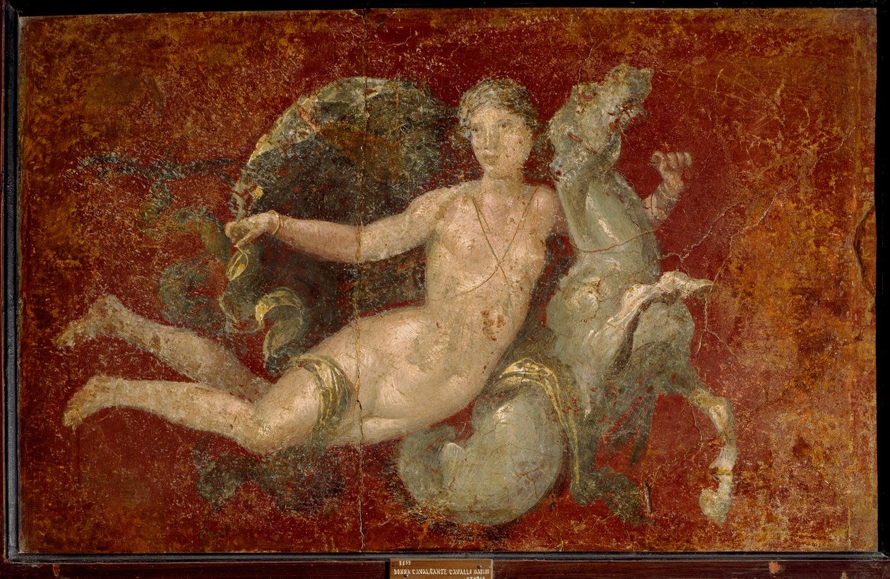 Arte romana: uma mulher a montar um cavalo marinho. Fresco da Stabia. Nápoles, Museo Archeologico Nazionale - Arte romana: uma mulher montando um cavalo marinho. Fresco da Estábia. Museu Nacional de Arqueologia, Nápoles, Itália. de Roman Roman