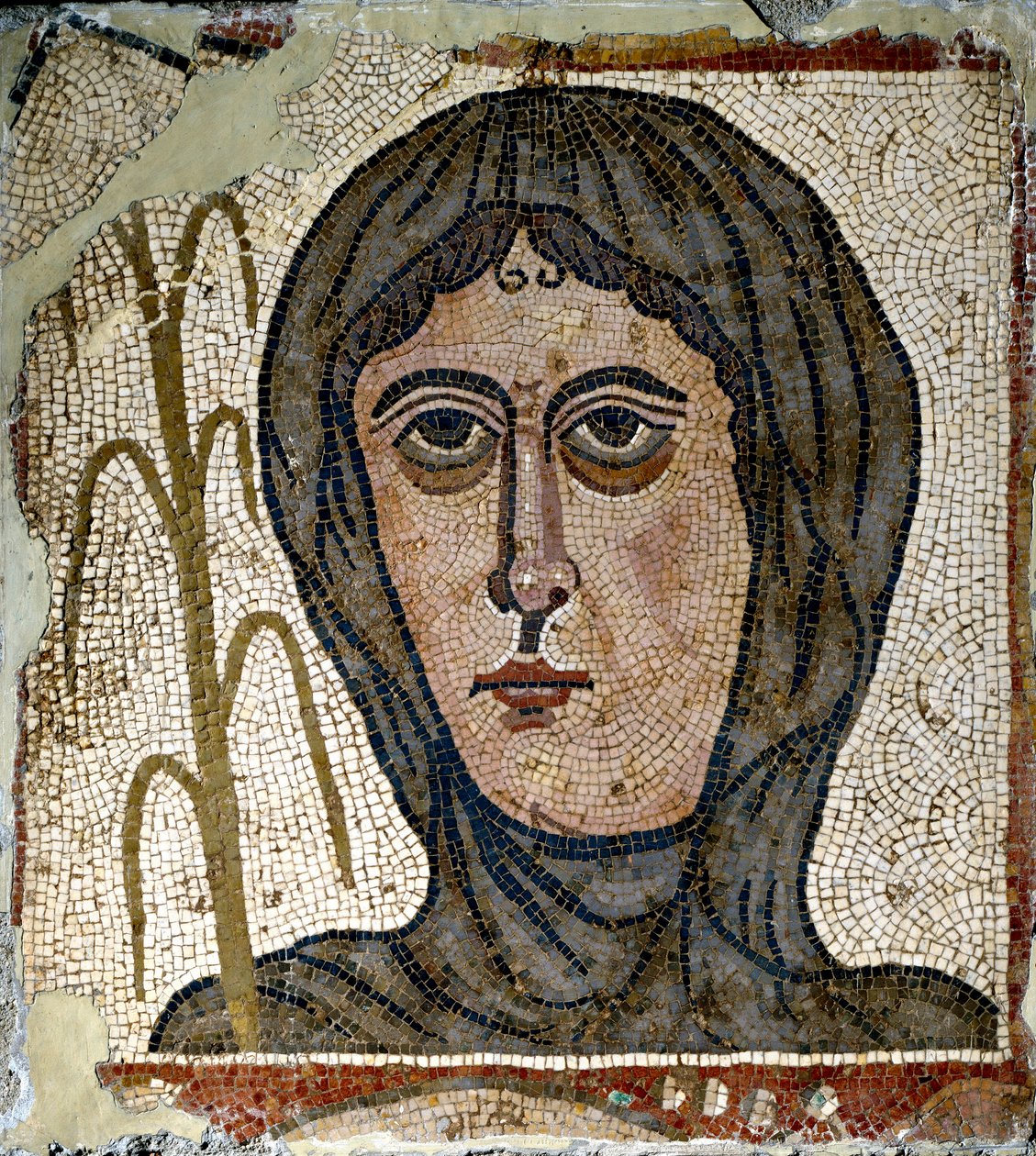 Arte romana: alegoria do inverno como uma mulher vestindo um véu. Mosaico do século V. De Quintana del Marco (Leon) Espanha Madrid, Museu Nacional de Arqueologia de Roman Roman