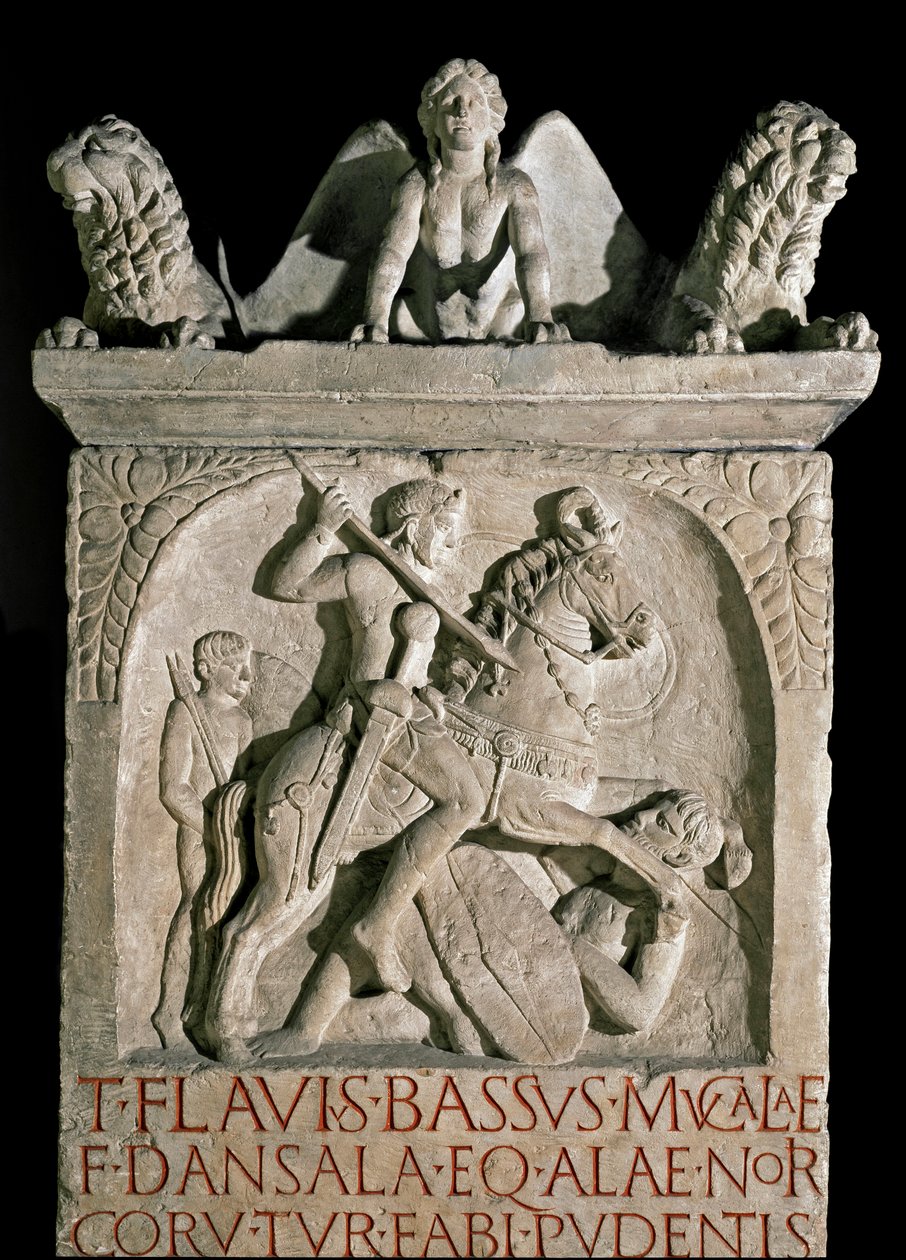 Arte romana: estela funerária do aristocrata e político romano Flavius Bassus Herculanus (conhecido por volta de 449-452) Século V DC. Roma, Museo della Civilta Romana de Roman Roman