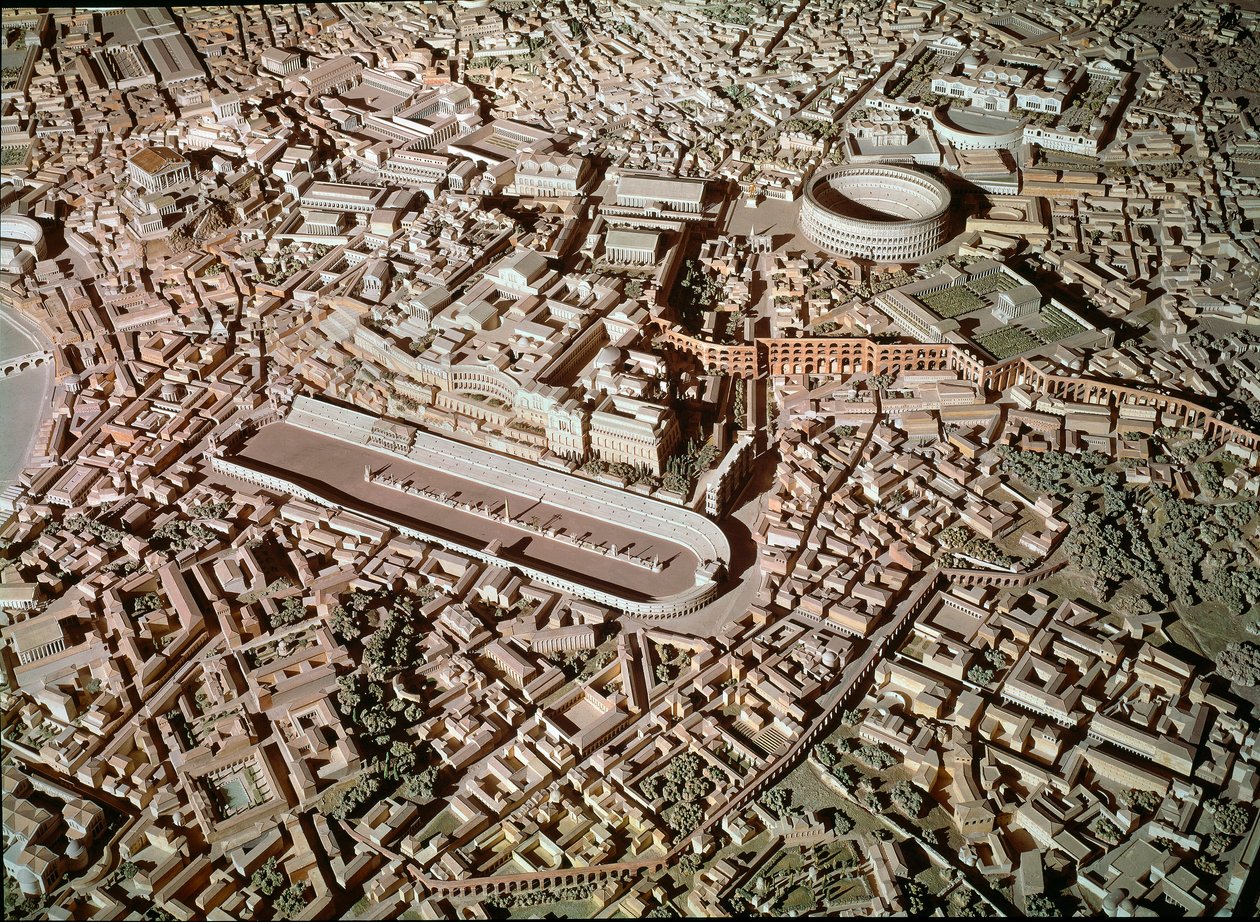 Arte romana: modelo que retrata a cidade de Roma sob a antiguidade. No centro, o Circus Maximus ou Grand Circus reserva para corridas de tanques. Roma, Museo della Civilta romana - Arte Romana. Circus Maximus e Muros Etruscos. Detalhe do modelo de reconstr de Roman Roman