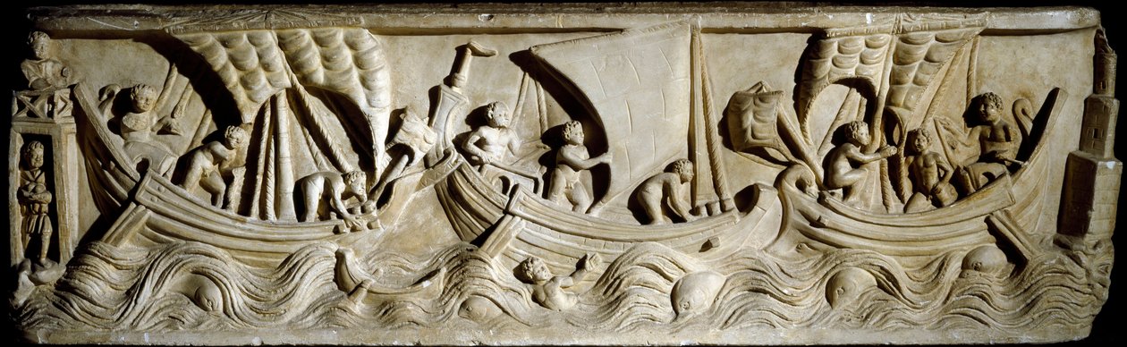 Arte romana: "cenário de navegação" Baixo relevo da Via Labicana em Roma. Roma, Musee de la Civilta Romanesque de Roman Roman