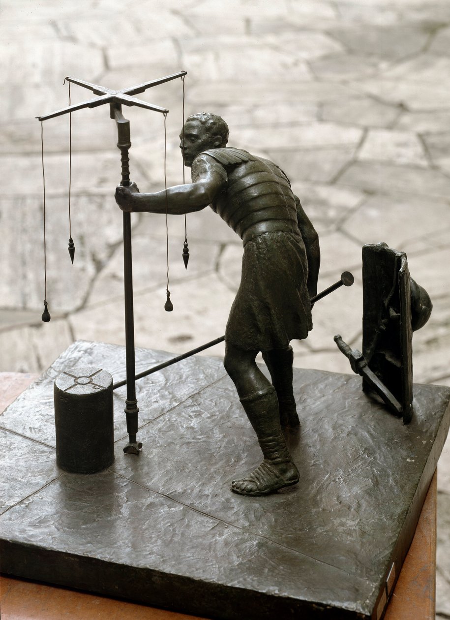 Arte romana: "o gromaticiano" Um agrimensor mede a terra usando um groma (gruma). Escultura em bronze. Roma, Museu da Civilização Romana de Roman Roman
