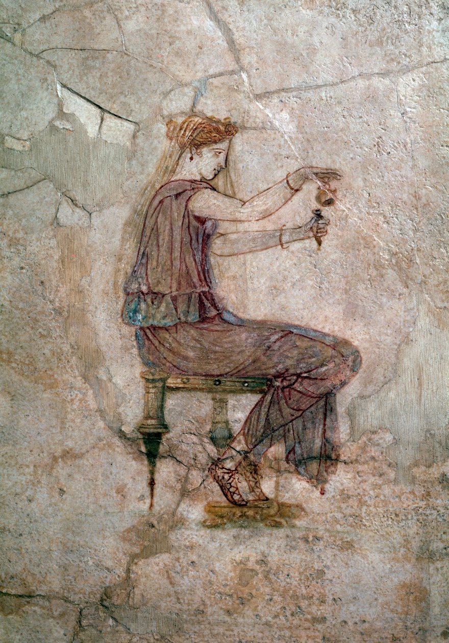 Arte romana: mulher sentada a verter perfume num vaso pintado na parede, 25 d.C. De Villa della Farnesina (arte romana: mulher a verter perfume num vaso, de Casa della Farnesina, 25 d.C.) Roma, Palazzo Massimo alle Terme, Museo Nazionale Romano de Roman Roman