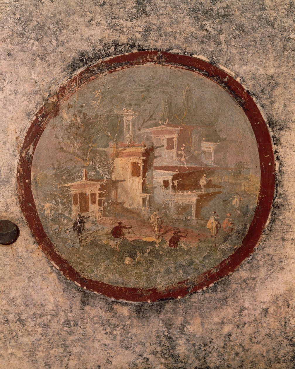 Ronda com casas e edifícios, pormenor do fresco da Casa do Centenário, Pompeia , Campânia, Civilização Romana de Roman Roman