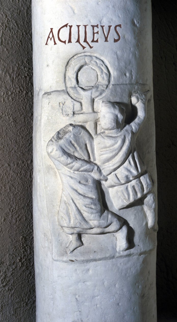 Santo Aquiles, mártir romano do século IV, decapitado por César porque não queria fazer juramento porque era cristão. Baixo relevo das catacumbas de Santa Domitilla a Roma. de Roman Roman