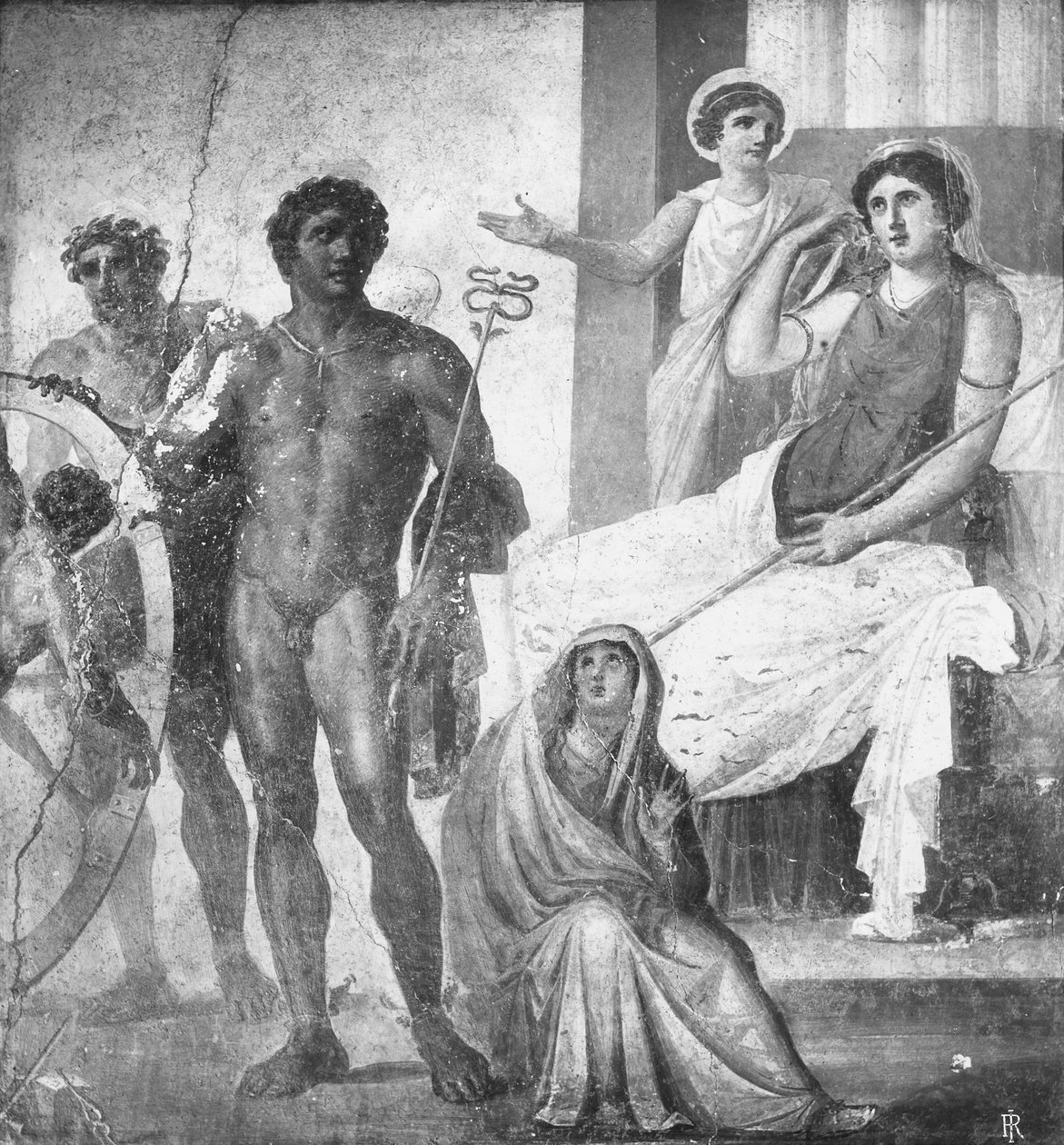 Cena da Tortura de Ixion, pormenor da Casa dei Vettii (Casa dos Vettii) c.63-79 d.C. (fresco) (fotografia a preto e branco) de Roman Roman
