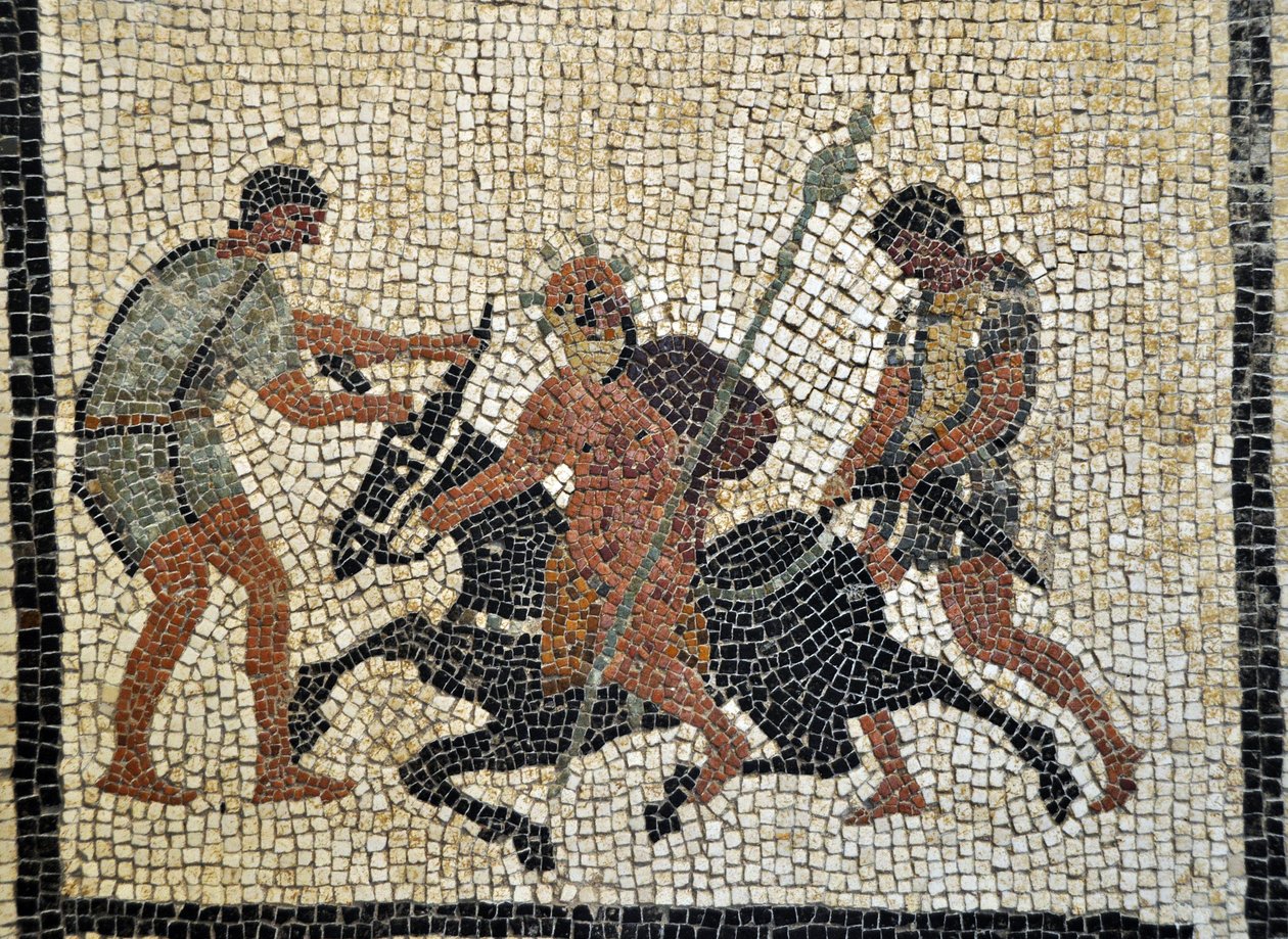 Sileno ebbro: Sileno bêbado monta num burro sustentado por dois servos. Mosaico de Pompeia, casa de Paquius Proculus ou C. Cuspius Pansa - Museu Arqueológico de Nápoles, Itália - Museo Archeologico Nazionale, Napoli, Italia - Foto Patrice Cartier - de Roman Roman