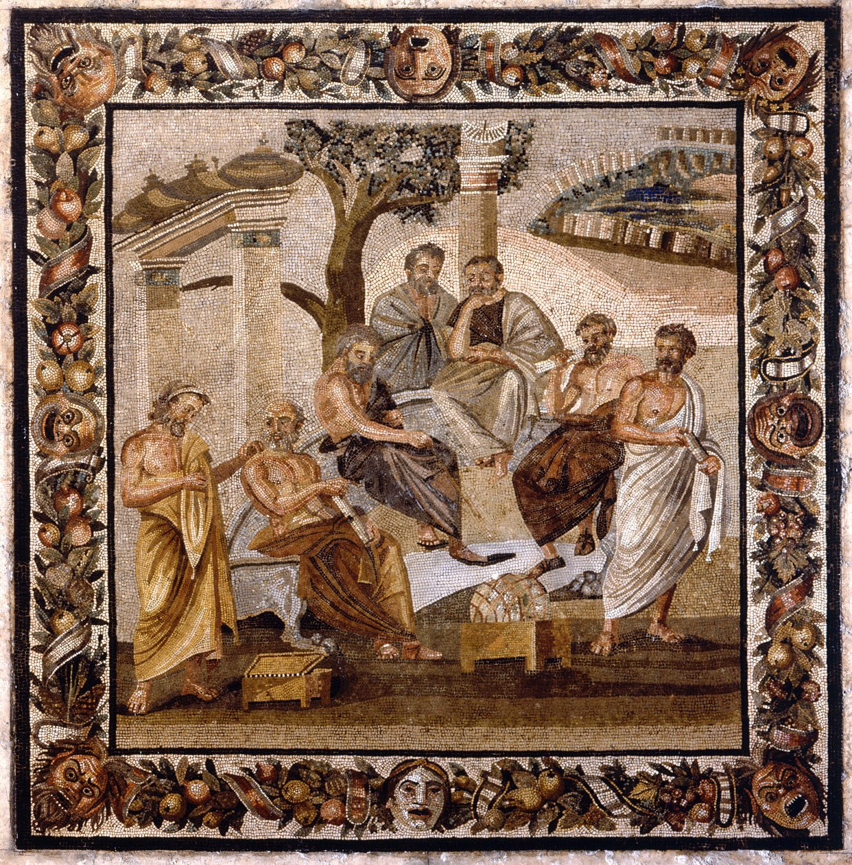A Academia de Platão: o filósofo sentado no centro ensina um grupo de discípulos da Academia de Atenas (fundada por ele próprio em 378 AC) - Mosaico encontrado em Boscotrecase, agora exposto no Museu Nacional, Nápoles de Roman Roman