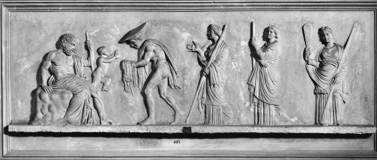 O Nascimento de Dionísio da coxa direita de Zeus (mármore) (foto a p/b) de Roman Roman
