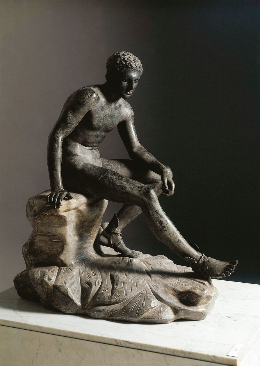 O resto da escultura de bronze romana de Hermes depois de um original grego de Lysippe. De Ercolano (Herculaneum) Dim. 105 cm Nápoles, Museo Archeologico Nazionale de Roman Roman