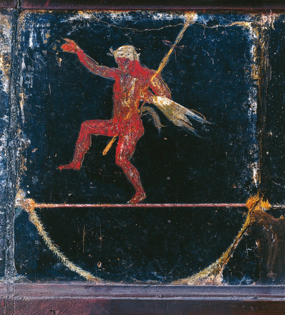 Afresco de terceiro estilo representando o funambolista Seleni, pormenor de Sileno segurando um tirso, da chamada Villa de Cícero em Pompeia de Roman Roman