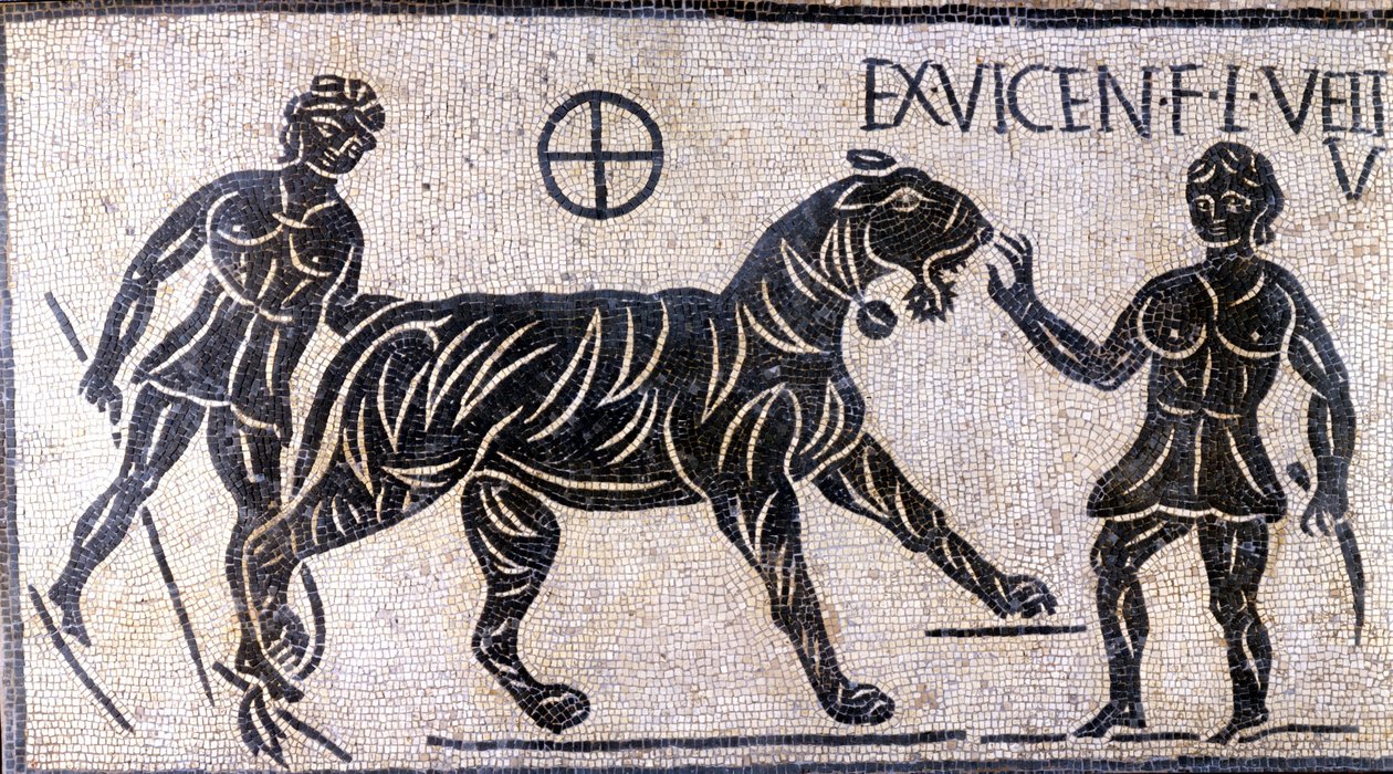 Domadores de tigre nas paredes do Coliseu - Mosaico Romano de Roman Roman