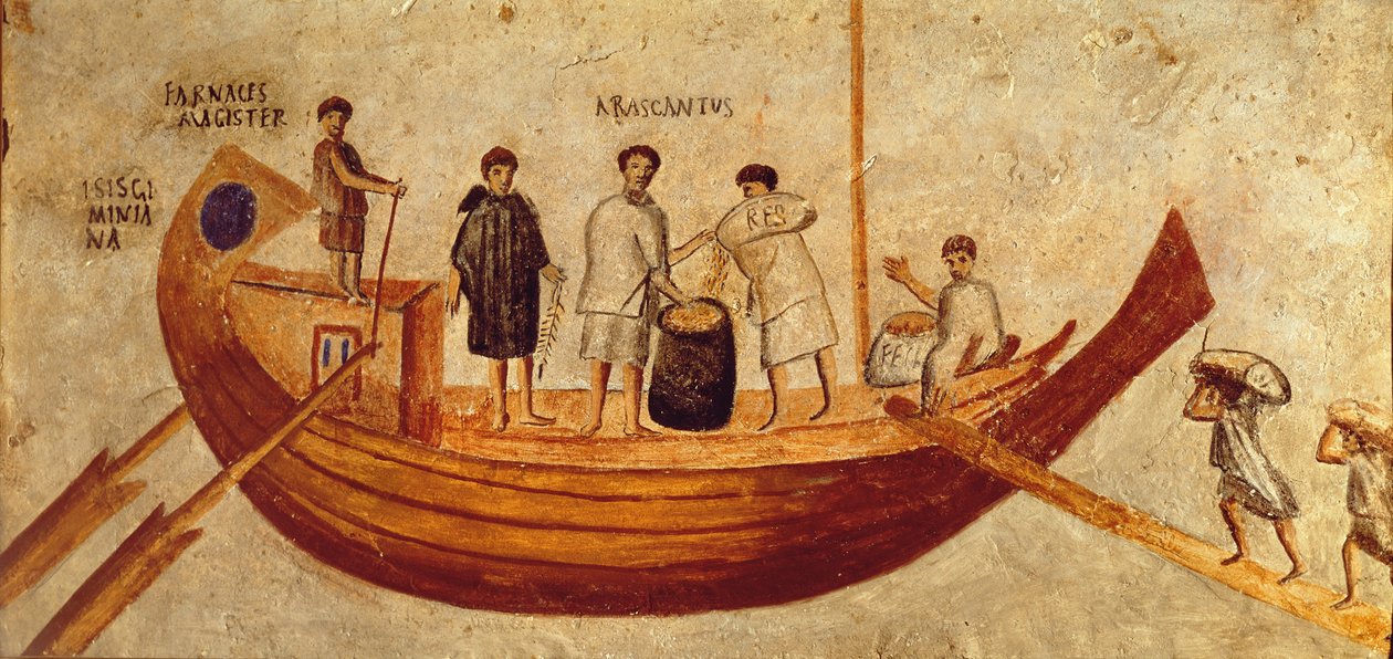 Descarga de cereais do navio, Isis Giminiana, de Ostia, séc. II-3º (fresco) de Roman Roman