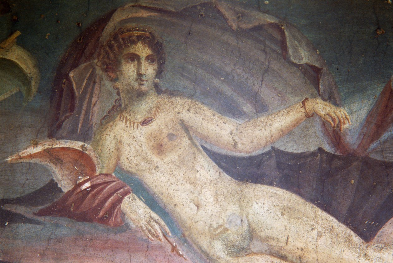 Vénus em concha, pormenor do fresco no peristílium, Casa de Vénus na Concha, Pompeia (Lista do Património Mundial da UNESCO de Roman Roman