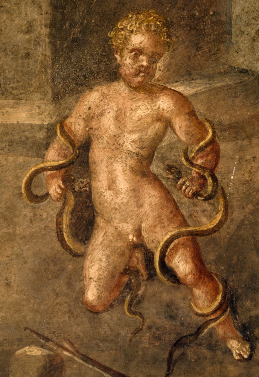 O jovem Héracles a estrangular serpentes, pormenor do fresco do oecus na Casa de Vettii, Pompeia (Lista do Património Mundial da UNESCO de Roman Roman