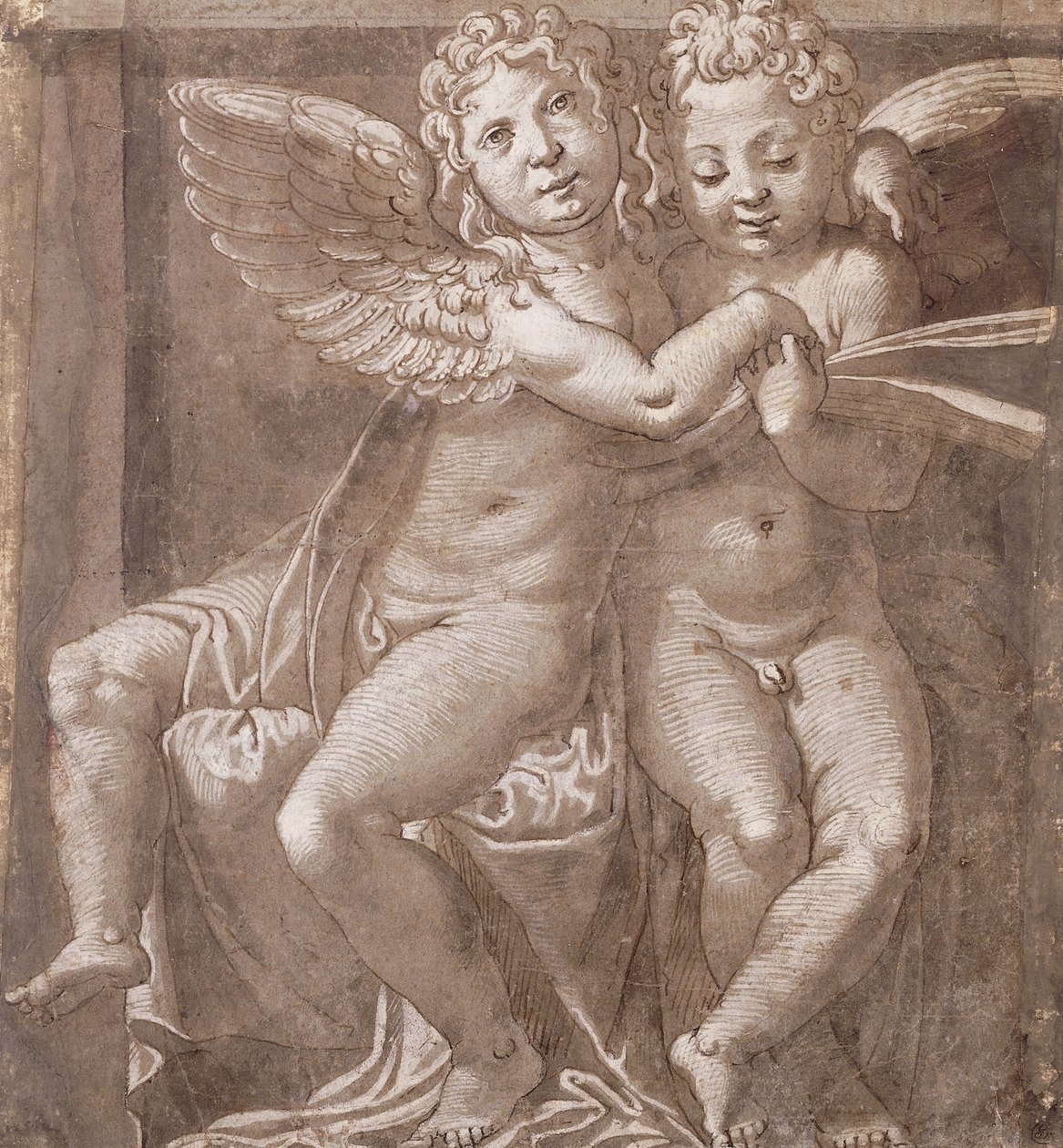Dois Anjos Sentados Cantando, após Polidoro da Caravaggio (caneta e tinta marrom lavada com branco sobre papel cinza-azulado) de Roman School
