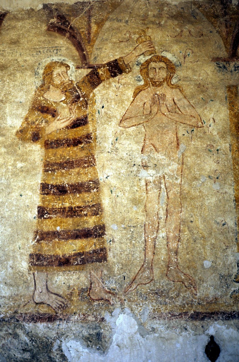 Murais do século XII na igreja paroquial românica de Asnieres sur Vegre (Sarthe), representando Cristo batizado por São João Batista. de Romanesque