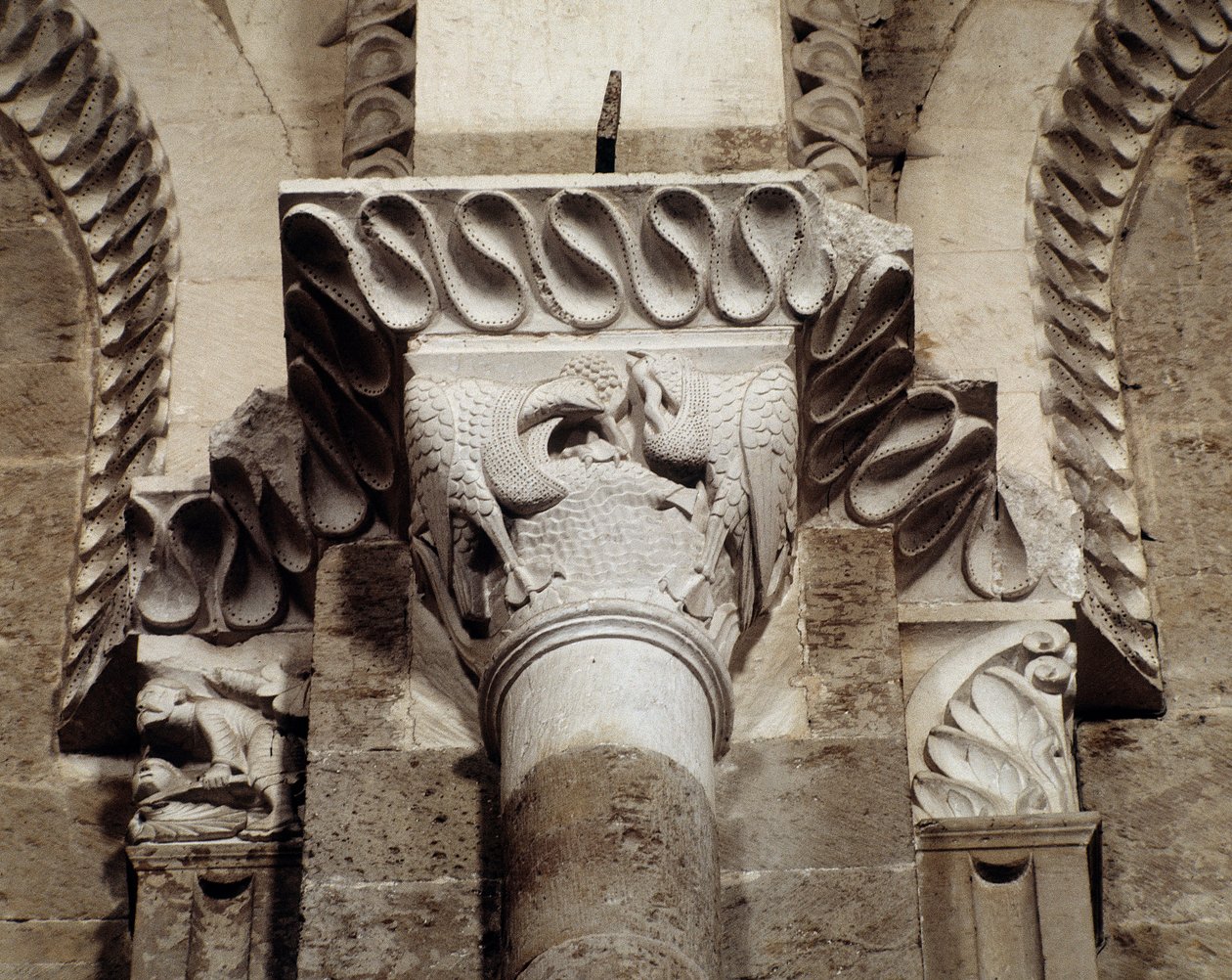 Aves que comem peixe e minhocas (capital esculpido) de Romanesque