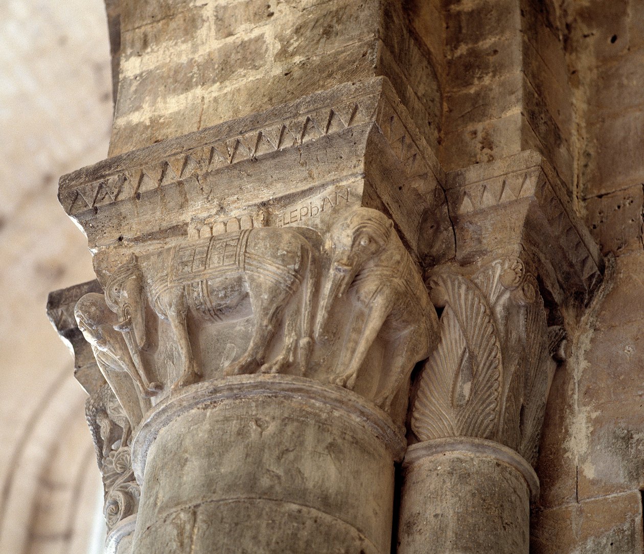 Elefantes (capital esculpida da nave de Romanesque