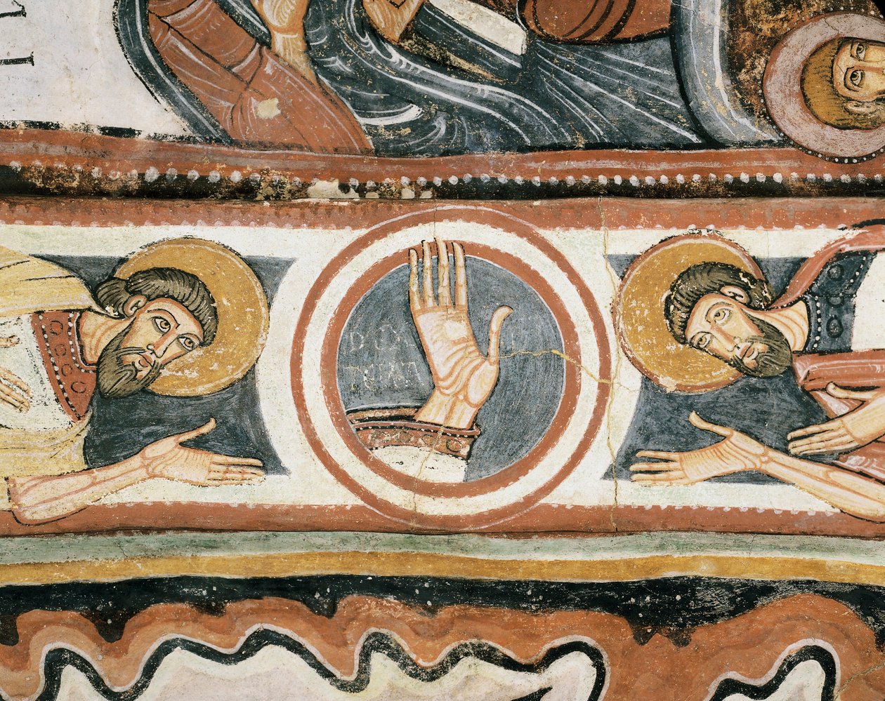 Arte românica: "A mão direita de Deus e dos patriarcas Elias e Henoch (ou Enoque). Detalhe. Fresco da escola de León (Espanha). 1132. Santuário da Virgem da Virgem del Camin de Romanesque