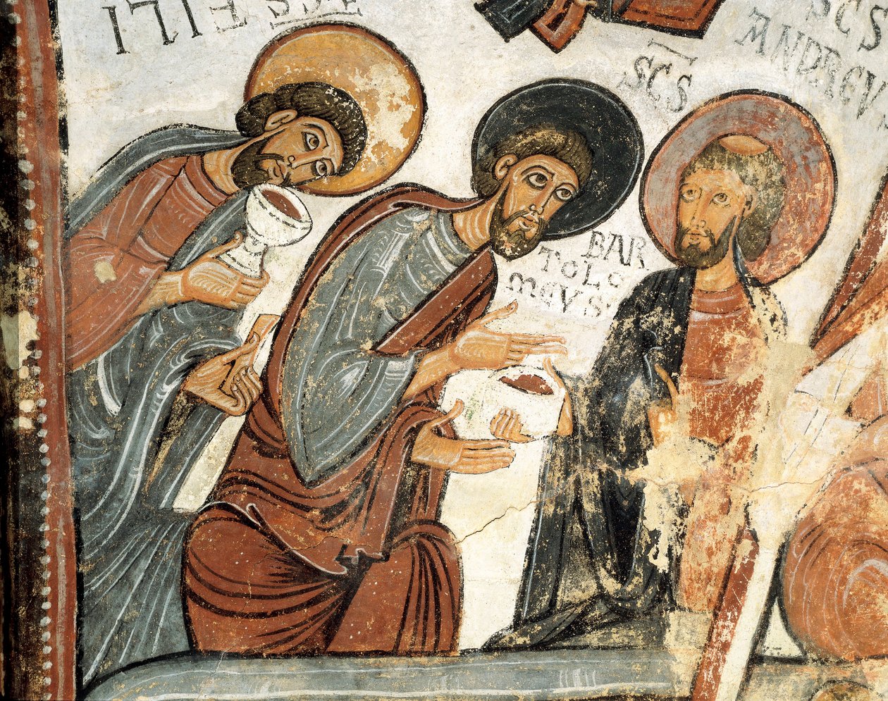 Arte românica: "os apóstolos Felipe, Barthelemy e André "" Fresco do Voto do Cene, Igreja de São Isidoro do século XII Real Colegiata de San Isidoro, Leão de Romanesque