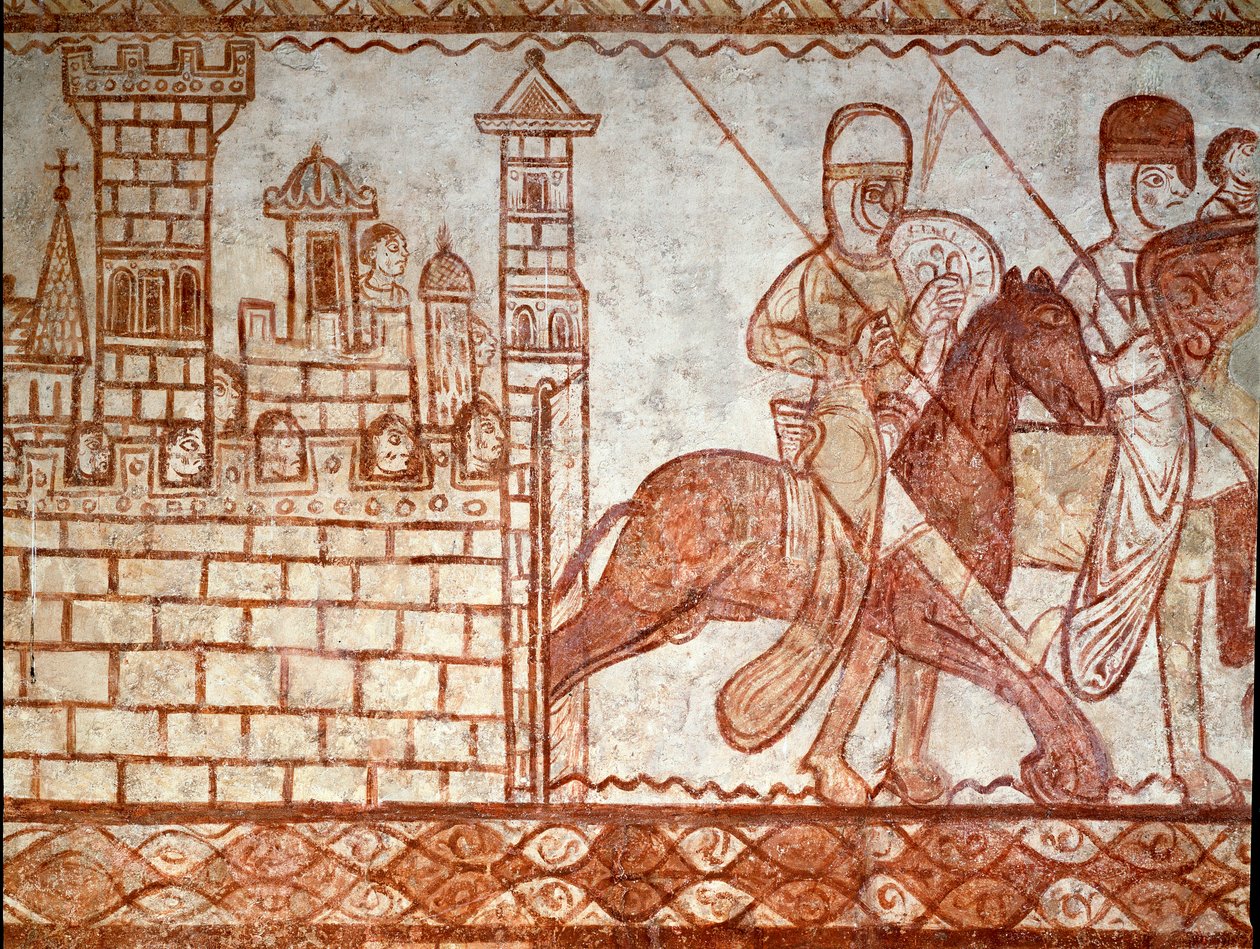 O cerco de Damasco (detalhe do fresco da capela dos templários de Cressac Saint Genis) de Romanesque