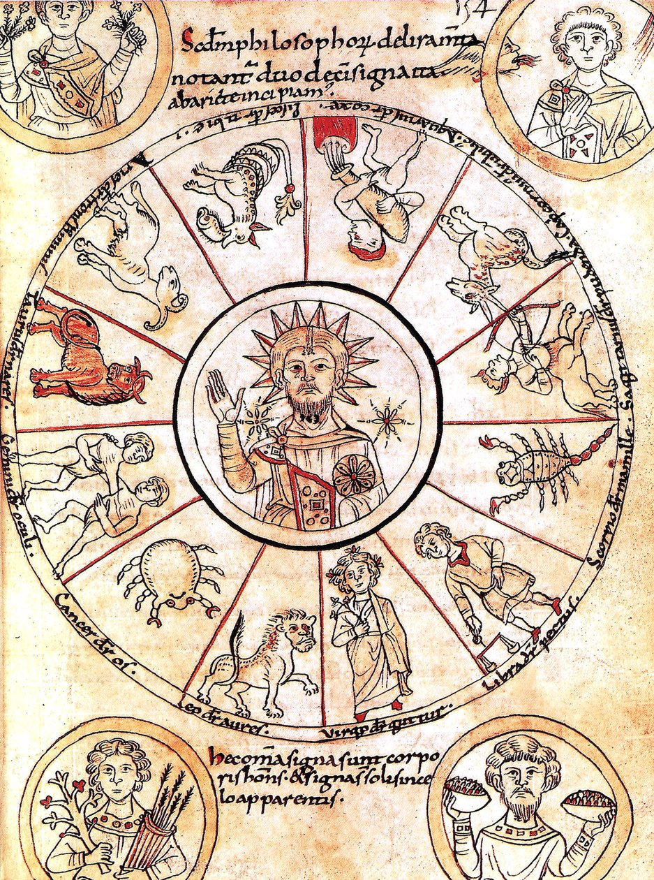 O sol rodeado de sinais do zodíaco de Romanesque