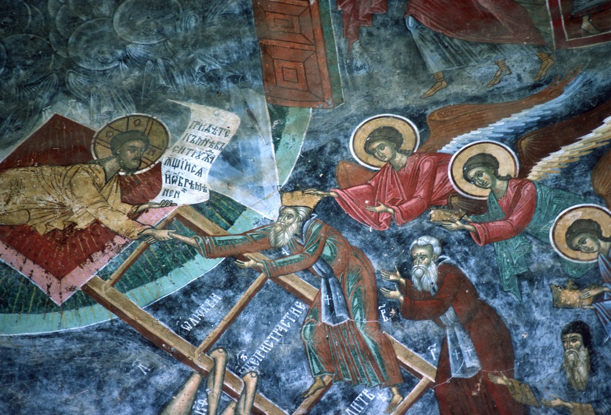 Justo recebido, detalhe da pintura Escada do Céu, parede norte da igreja, c.1601 de Romanian School