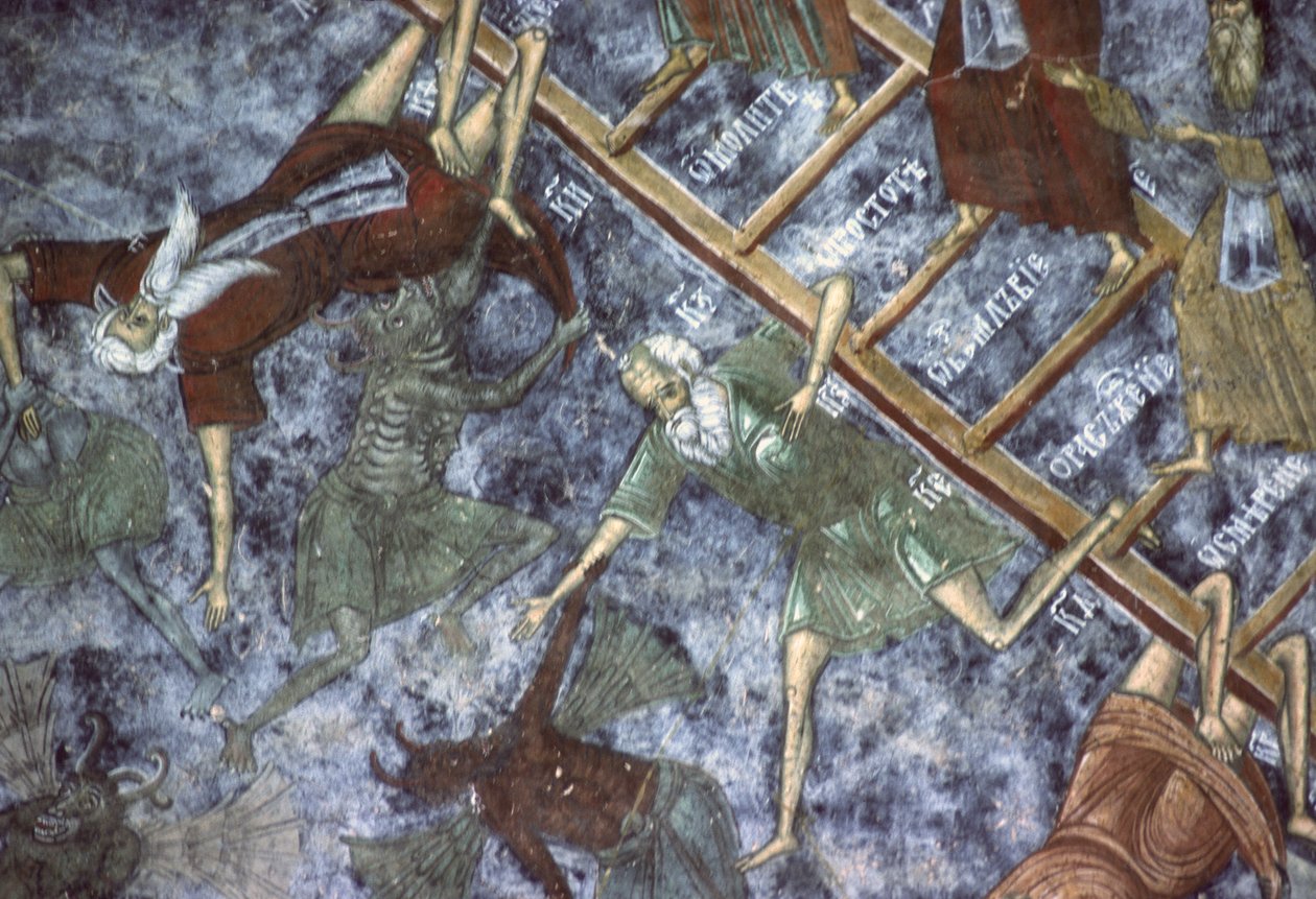 Pecadores arrastados por demônios, detalhe da pintura Escada do Céu, parede norte da igreja, c.1601 de Romanian School
