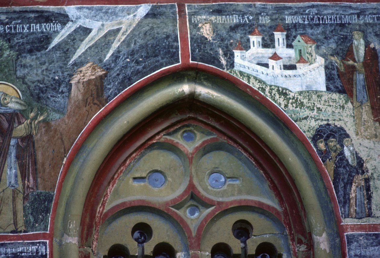 Janela gótica e a vida de São Pacomio, da parede norte da igreja, c.1601 de Romanian School