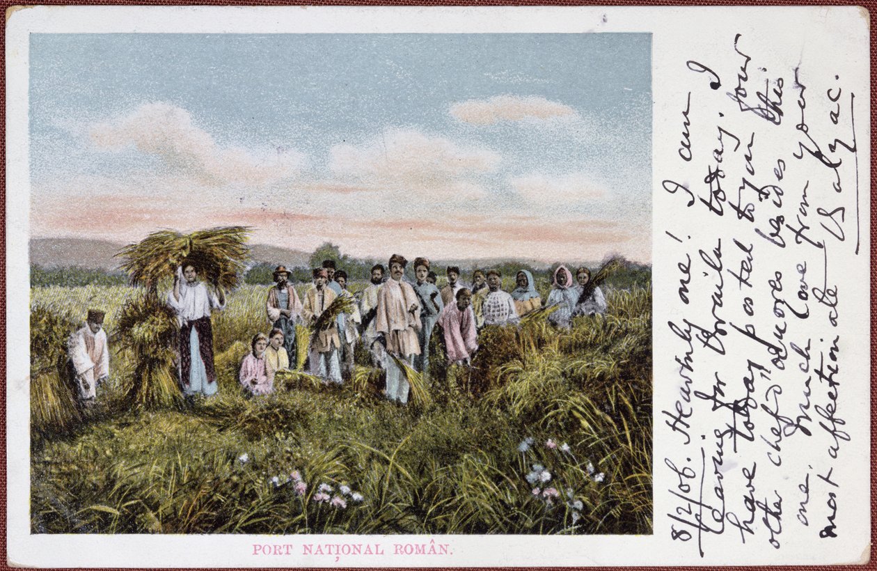 Cartão postal retratando camponeses romenos da colheita, 1906 de Romanian School