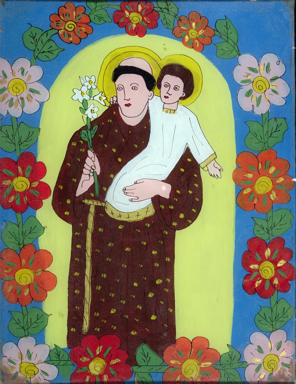 Santo Antônio de Pádua (1195-1231) da Transilvânia, 1950-80 (vidro pintado) de Romanian School