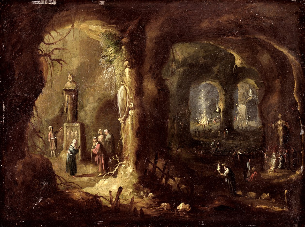 Gruta com estátuas e numerosas figuras adorando ídolos (São Simeão Estilita), c.1640 (óleo sobre cobre) de Rombout van Troyen