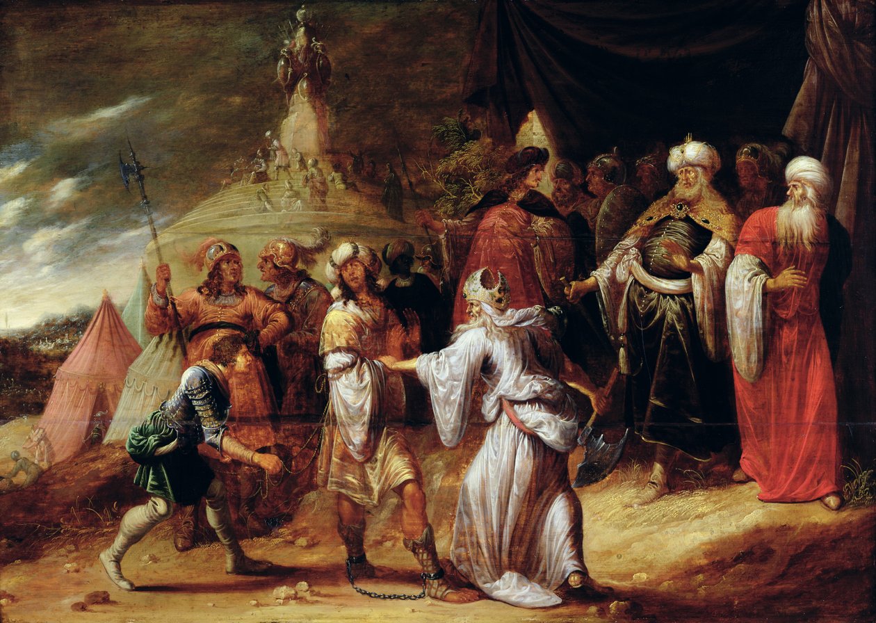 Samuel Killing Agag, Rei dos Amalecitas (óleo sobre painel) de Rombout van Troyen