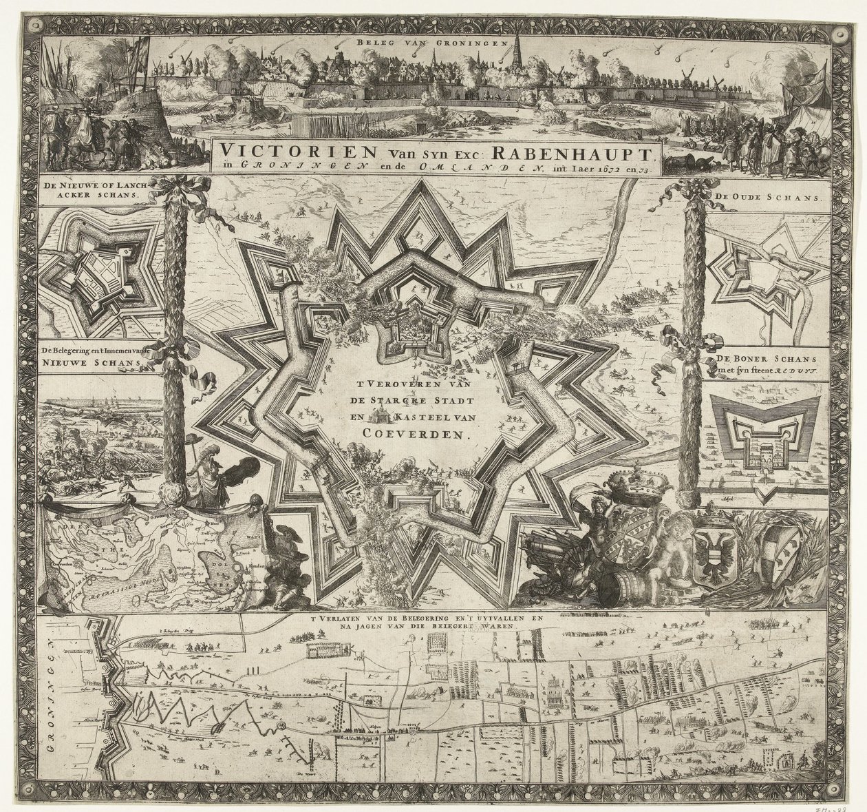 As vitórias de Rabenhaupt em Groningen nos anos 1672-1673
Victorien van syn exc. Rabenhaupt, em Groningen and the Omlanden, int iaer 1672 e 73 (título sobre o objecto) de Romeyn de Hooghe (attributed to)