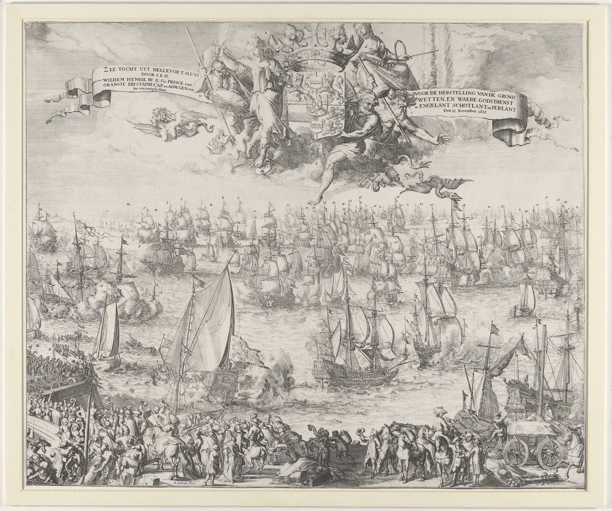 Viagem de William III para a Inglaterra, 1688 Excursão marítima de Hellevoet Sluys por S.K.H. Wilhem Henrik Por G. Ga. Príncipe de Orangeie Erfstadh. boné. e Adm. Gene. van Os Estados Unidos / Para a Restauração das Constituições e a Verdadeira Religião em de Romeyn de Hooghe (attributed to workshop of)