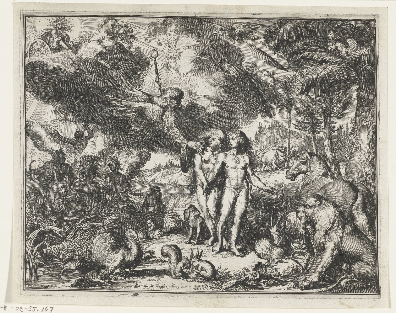 Adão e Eva no paraíso de Romeyn de Hooghe