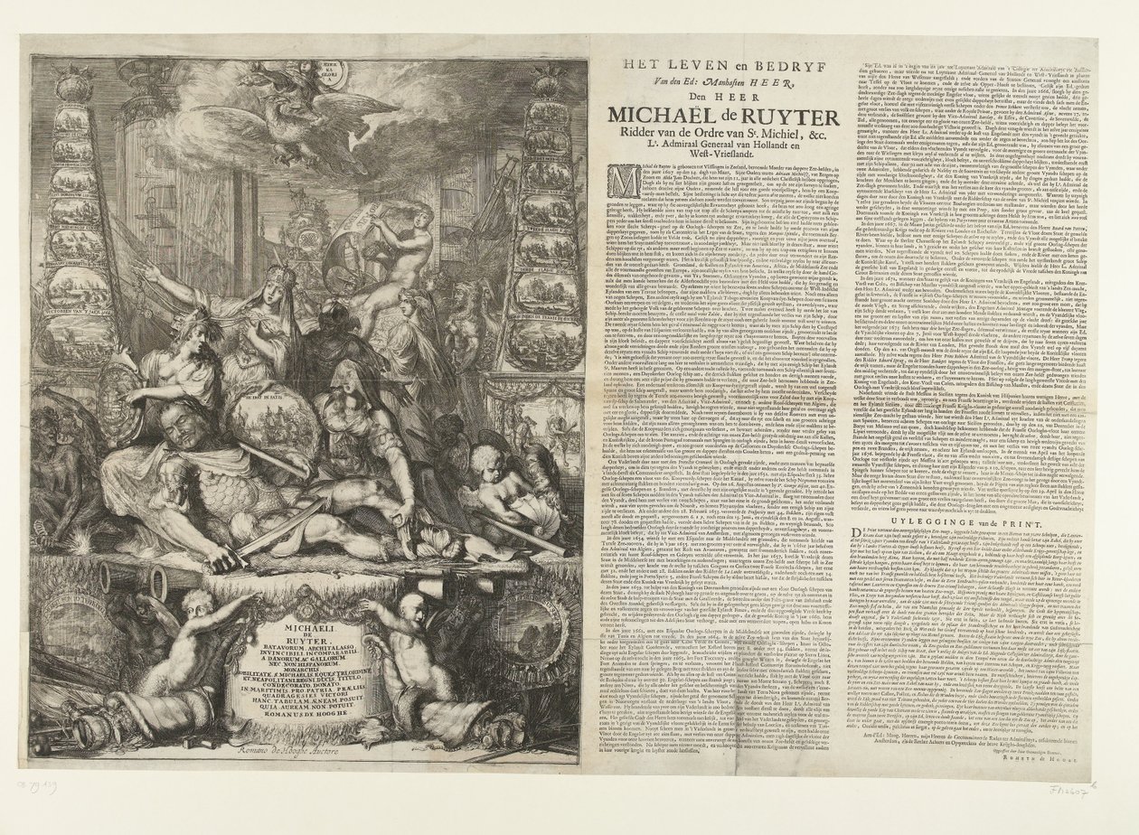 Alegoria sobre a morte de Michiel de Ruyter, 1676
The Life and Bedryf of the Ed: Manhaften Heer, Den Heer Michaël de Ruyter Ridder van de Ordre van St. Michiel, &c. Tenente-Almirante-General da Holanda e da West-Vrieslandt (título sobre o objecto) de Romeyn de Hooghe