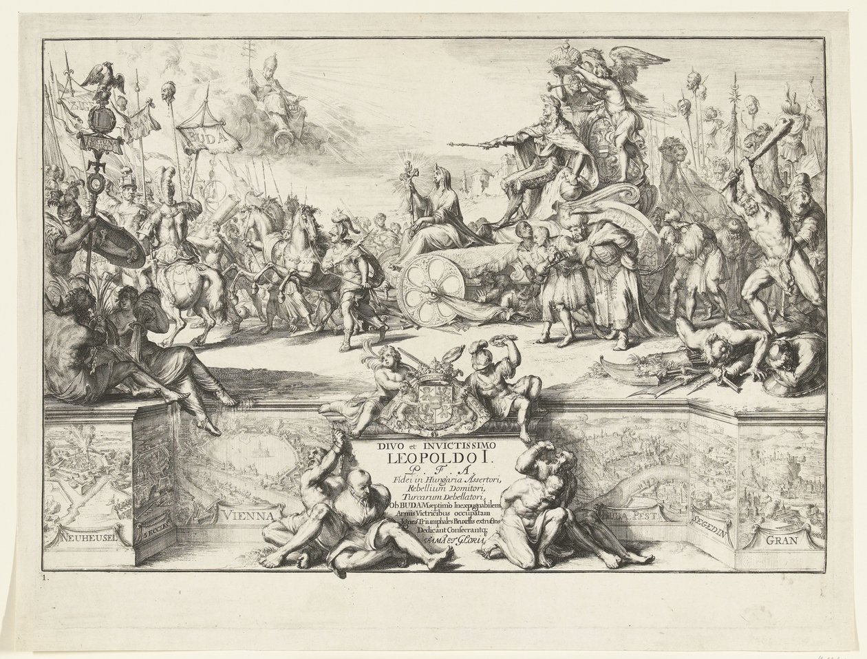 Alegoria das vitórias de Leopoldo I Divo et invictissimo Leopoldo I (título no objeto) Entrada de Leopoldo I em Bruxelas depois de derrotar os turcos, 1686 (título da série) de Romeyn de Hooghe