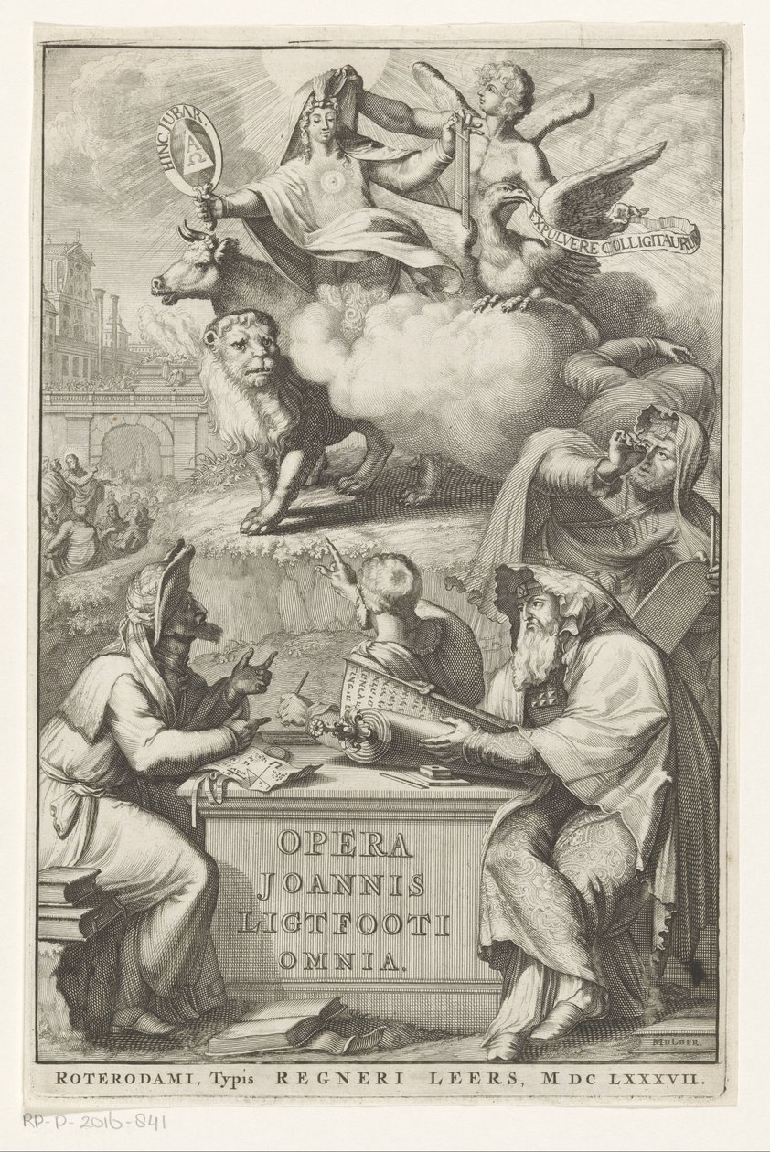 Figura alegórica com homem judeu Página de título para: John Lightfoot, Opera Joannis Ligtfooti omnia, 1686 de Romeyn de Hooghe