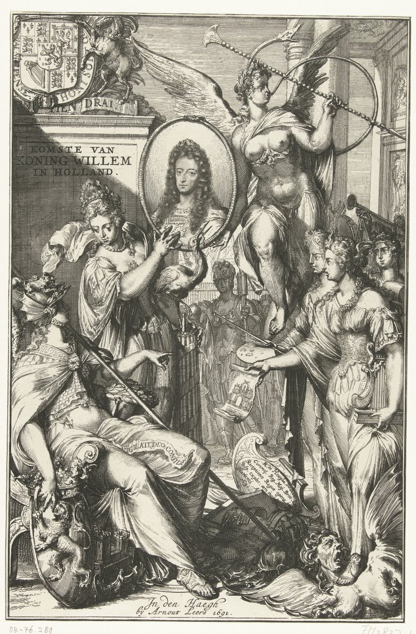 Frontispício alegórico com retrato de Guilherme III Chegada do Rei William na Holanda (título no objeto) de Romeyn de Hooghe
