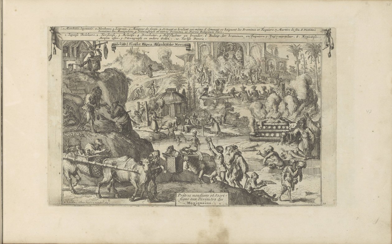 Bedelaars em Oost-en West-Indië Bedel en Slacht-Papen Afgoden der Mexicanen / Mendian Priests and Sacrifians to the Divinitea of ​​the Mexicanen (título no objeto) As Índias Orientais e Ocidentais e Outros Lugares (título da série) de Romeyn de Hooghe