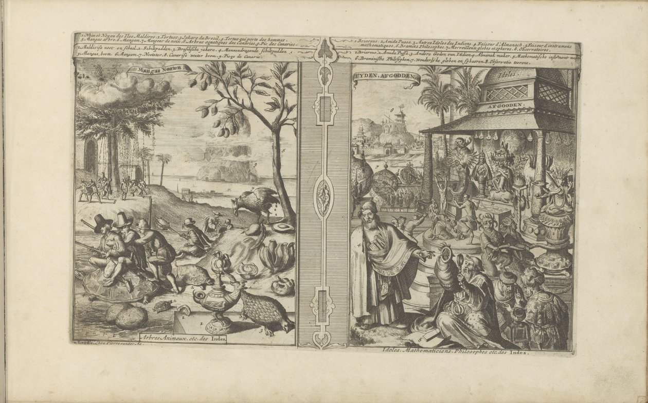 Bomen, dieren en noten; Verering van godbeelden Mangas Nooten / Árvores, Animais, etc. da Índia // Tyden, Afgoden / Ídolos, Matemáticos, Filósofos etc. da Índia (título no objeto) As Índias Orientais e Ocidentais e Outros Lugares (título da série) de Romeyn de Hooghe