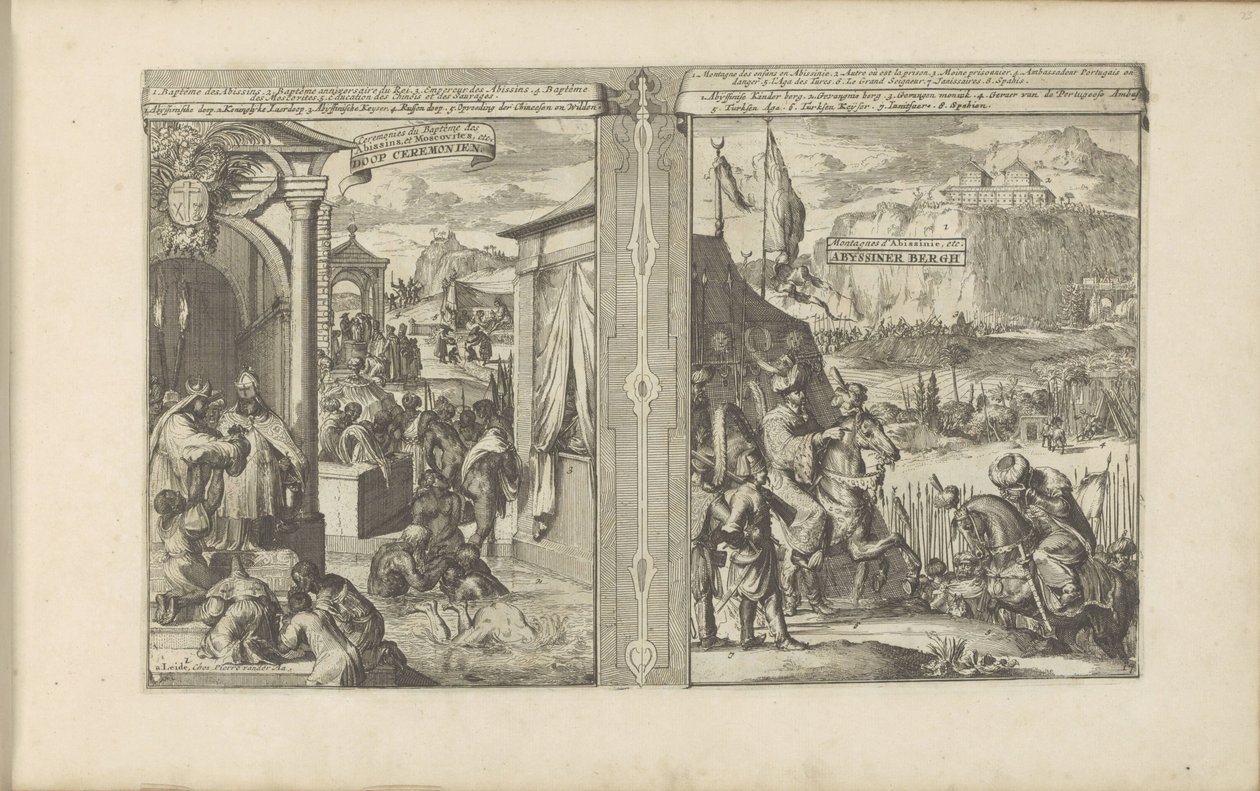 Doopceremonies; Berg van Abessinië
Doop Ceremonien / Cerimónias do Baptismo dos Abissínios e Moscovitas, etc // Abyssiner Bergh / Montanhas da Abissínia, etc (título sobre o objecto)
As Índias Oriental e Ocidental e outros lugares (título da série) de Romeyn de Hooghe