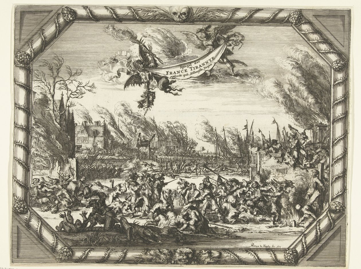 Atrocidades francesas em Bodegraven e Zwammerdam, 1672 Spiegel der France Tirannye pleiteou no Hollantsche Dorpen (título no objeto) de Romeyn de Hooghe