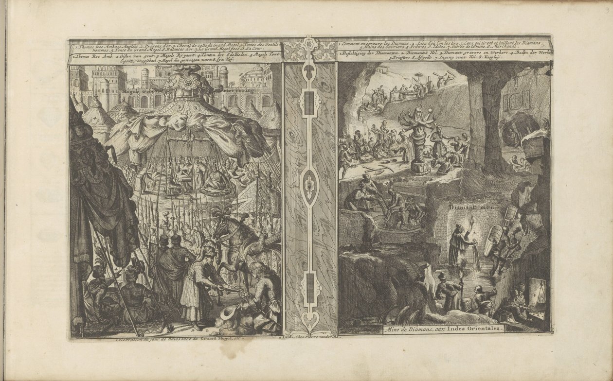 Geboorteviering van Mongolië; Diamantmijn
Mogols Geboortevyering / Celebration on the day of the birth of the Great Mogul, etc. // Diamant myn / Mine de Diamans, aux Indes Orientales (título sobre o objecto)
As Índias Orientais e Ocidentais e outros luga de Romeyn de Hooghe