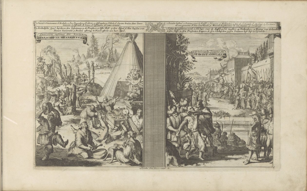 Médicos na Arclada; Jesuítas barbeados por um mestre de pedágio em Golkonda
Guerisons infames des Arclades / Curas Rudes // Roi de Golconde, Douane, etc / Portagens, e Casos (título sobre o objecto)
Les Indes Orientales et Occidentales et autres de Romeyn de Hooghe