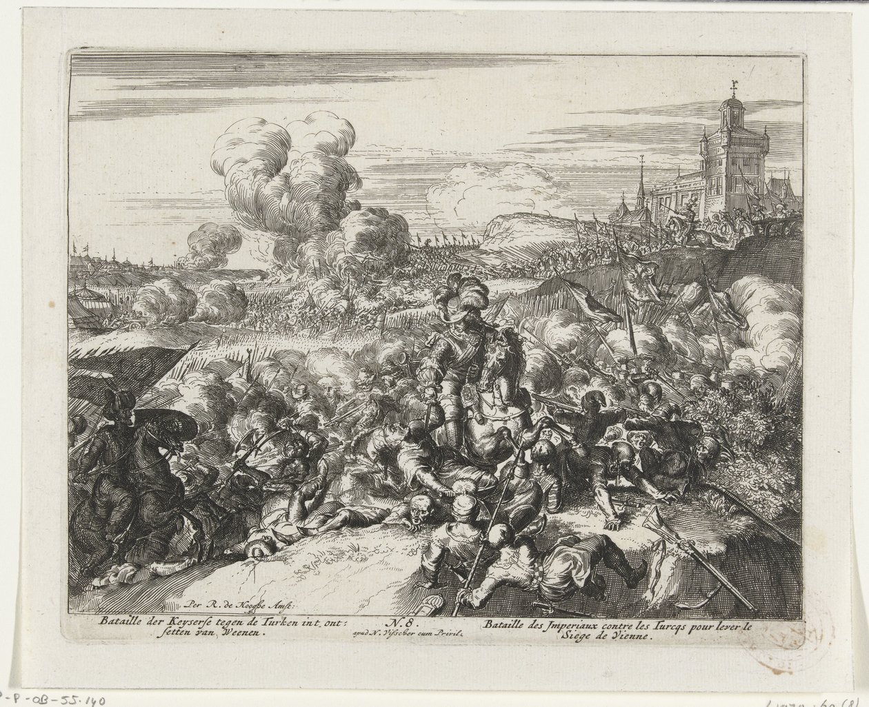 Batalhas entre Habsburgos e turcos nos arredores de Viena Bataille der Keyserse contra os turcos int desetten van Weenen (título no objeto) de Romeyn de Hooghe