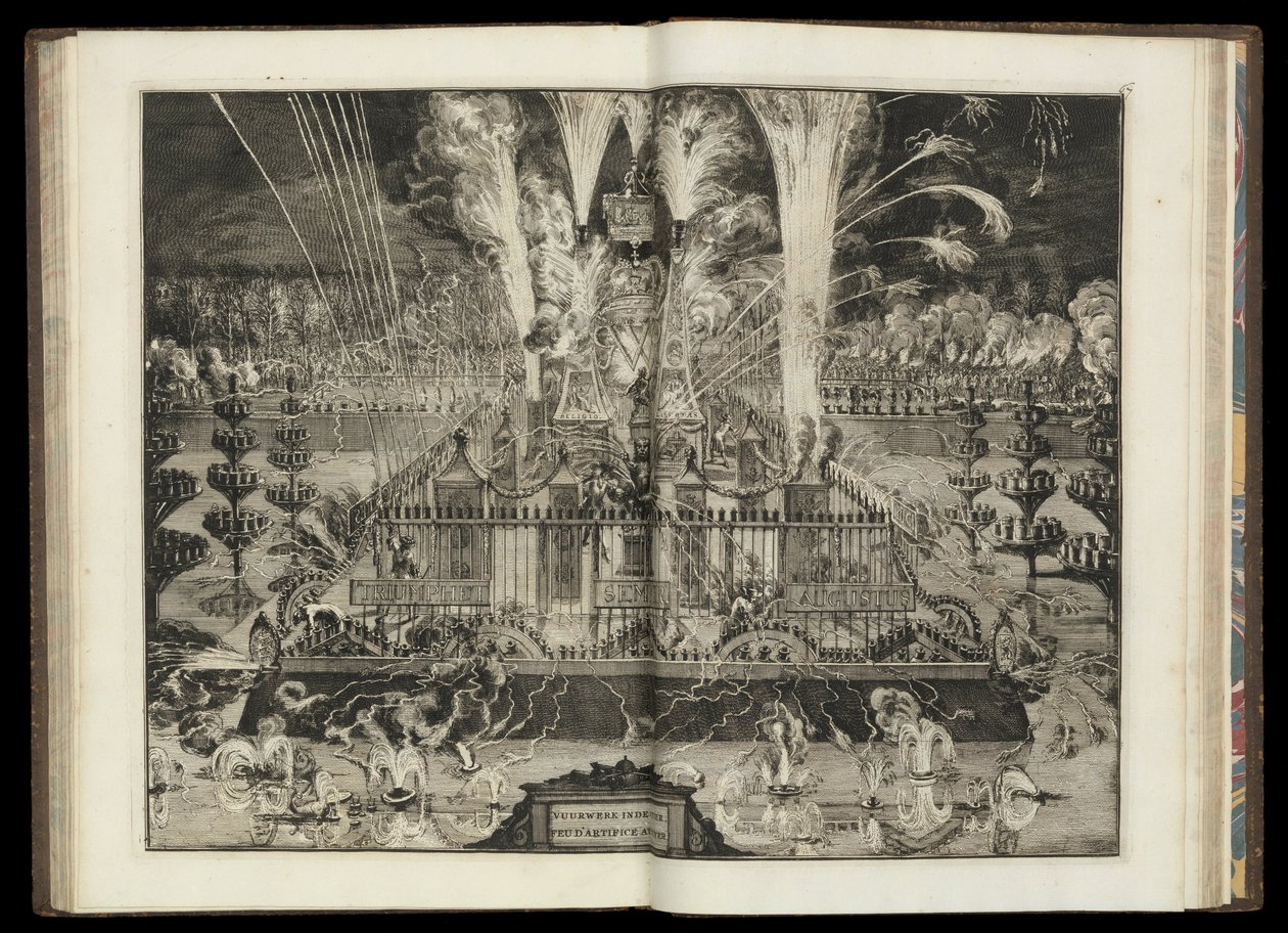 Grande espetáculo de fogo de artifício. De "O Regresso Triunfal de Sua Majestade Britânica à Holanda" (CBL AL 146, pl.67) de Romeyn de Hooghe