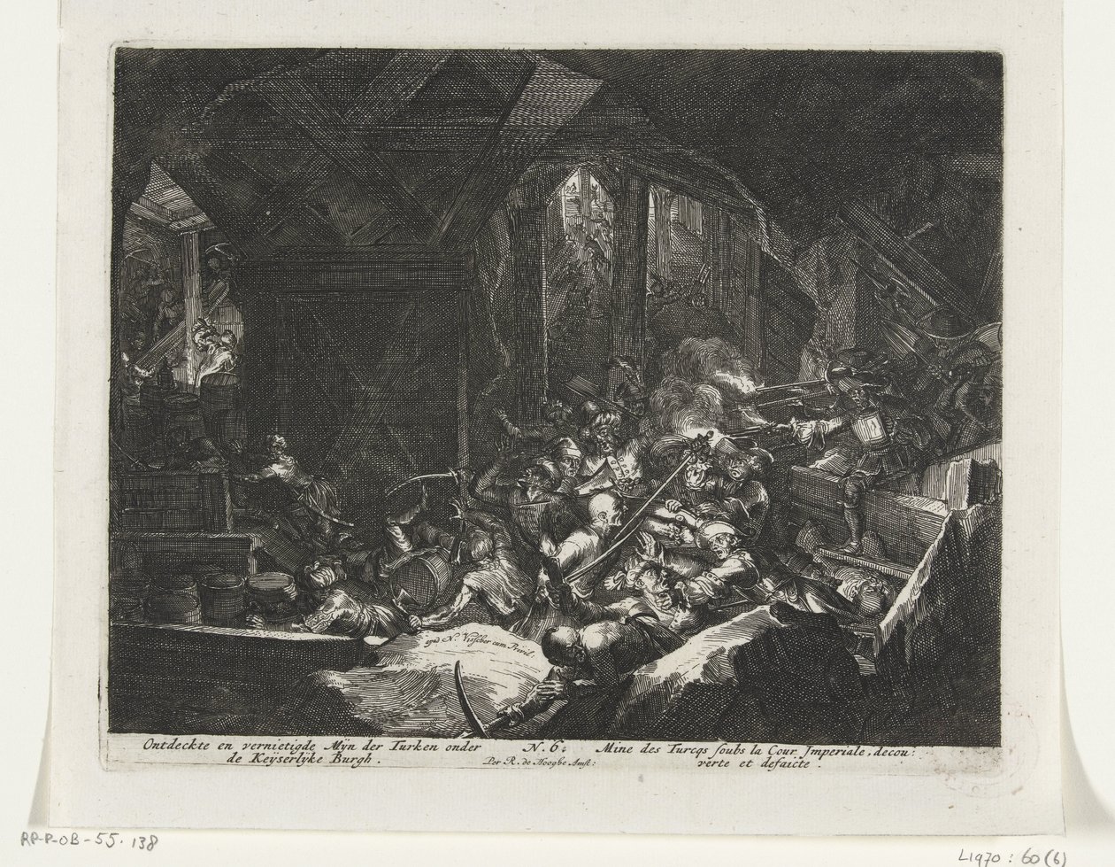 Os Habsburgos expulsam os sitiantes turcos dos túneis sob o Castelo Imperial Descoberto e destruído Mijn der Turks sob o Keyserlijke Burgh (título no objeto) de Romeyn de Hooghe